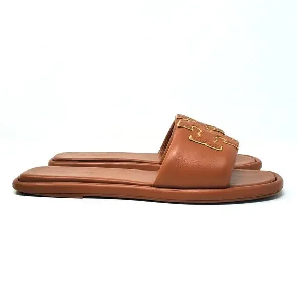 Tory Burch Double T Sport Slide Sandal Leather Bourbon Miele Gold 79985 Size 8.5 - Picture 4 of 10